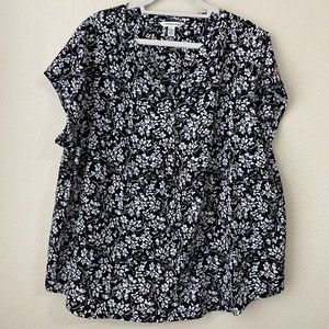 Croft & Barrow Womens Blouse Top Size 2X Floral Popover Black White
